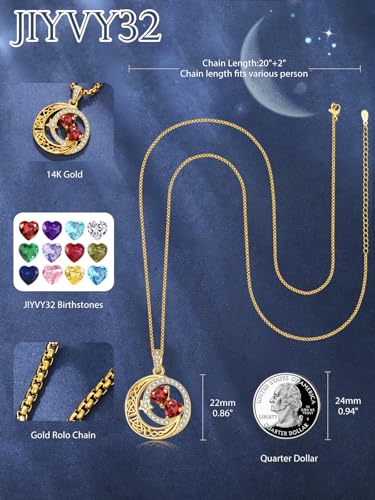 14K Gold Moon and Star Double Birthstone Necklace Gifts for Women | 2 Heart Birthstone Necklace,Mothers Day Wedding Anniversary Birthday Gifts for Wife Mom Daughter Grandma Sister - color: 01-01-Jan-Jan Birthstone
