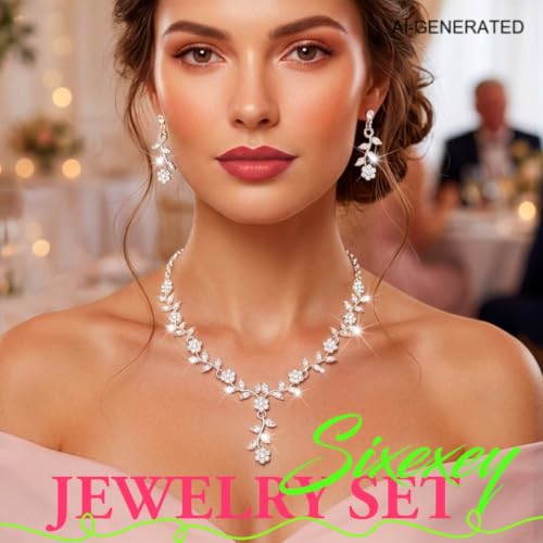 Sixexey Silver Rhinestone Jewelry Set Bridal Necklace Earrings for Women | Sparkly Prom Wedding Jewelry Accessories for Women