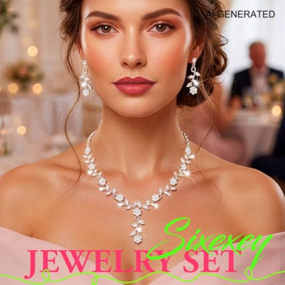 Sixexey Silver Rhinestone Jewelry Set Bridal Necklace Earrings for Women | Sparkly Prom Wedding Jewelry Accessories for Women