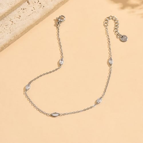 Gold Anklets for Women 18K Gold Plated CZ Ankle Bracelet Dainty Droplet Bar Tennis Ankle Trendy Summer Waterproof Beach Foot Chain Jewelry - color: 5 CZ-White Gold