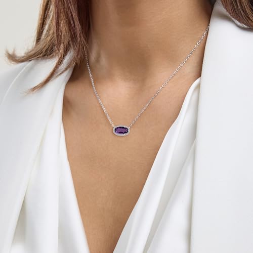 Belacqua Gemstone Necklace in Sterling Silver,Halo Pendant with Accent, Oval Cut 6 * 12mm, 15" Cable Chain with 2" Extender, Spring Ring Clasp, Dainty Birthstone Necklace for Women, Gift Box Included - color: 02-February-Amethyst Purple