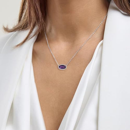 Belacqua Gemstone Necklace in Sterling Silver,Halo Pendant with Accent, Oval Cut 6 * 12mm, 15" Cable Chain with 2" Extender, Spring Ring Clasp, Dainty Birthstone Necklace for Women, Gift Box Included - color: 02-February-Amethyst Purple