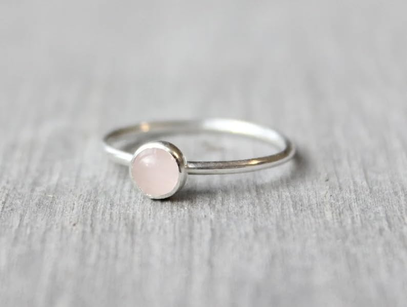 Solid 925 Sterling Silver Natural Rose Quartz Pink Round Gemstone Solitaire Stacking Band Handmade Women's Ring for Gift