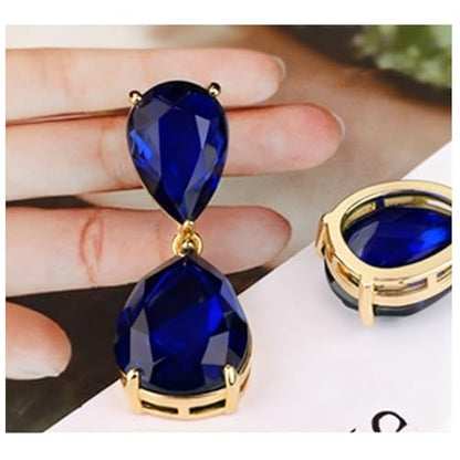 Teardrop Crystal Drop Earrings for Women, 14K Gold Plated Large Double Teardrop Dangle Earrings,Rhinestone Earrings for Wedding Prom Bridesmaid Party,Emerald/Red/Blue/Black/Pink/White Statement Earrings - color: Navy Blue