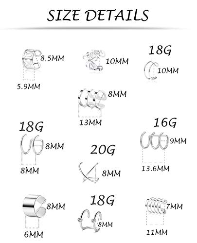 4-10 Pairs Stainless Steel Ear Cuff Helix Cartilage Clip On Wrap Earrings Fake Nose Ring Non-Piercing Adjustable - color: A0:10 Pairs, Silver