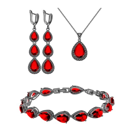 LMXXVJ Necklace Long Earrings Bracelet Set, White Gold Plated Created Blue Sapphire Jewelry Set Wedding Party Gift Jewelry for Women Bridal Bridesmaid - color: Black Gun-Ruby Red