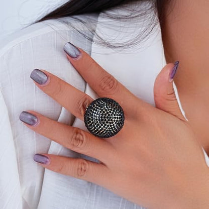 Gold Snowball Rhinestone Cocktail Ring – Adjustable Stretch Sparkling Party Jewelry for Women, Elegant Costume Ring for Evening Wear, Wedding, Prom - color: black
