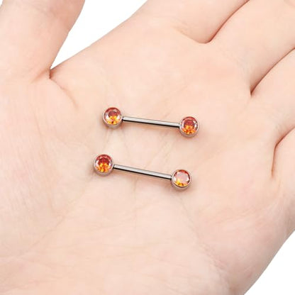 14G ASTM F136 Titanium Nipple Piercing Jewelry Round CZ Nipple Barbell Jewelry Internally Threaded G23 Solid Titanium Nipple Piercing Barbell Ring Jewelry for Women Men 14 Gauge - style: Orange CZ