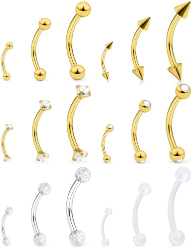 Lcolyoli 18pcs 16G Clear Bioflex Acrylic & Stainless Steel Eyebrow Barbell Rook Daith Earrings Belly Studs Cartilage Tragus Barbell Body Piercing Jewelry Retainer 6mm 8mm 10mm - color: C:18pcs/gold-tone