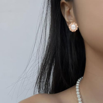 Vintage Pearl Clip On Earrings for Women Silver Rhinestone Earrings | Non Pierced Earrings 18K Rose Gold Plated Large White Pearl Earring Wedding Jewelry