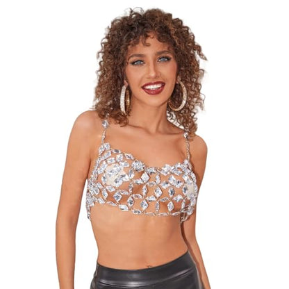 Rhinestones Body Chain Suit Silver Crystal Bikini Bra Underwear Sexy Sparkly Party Body Jewelry Accessories for Women - color: Silver