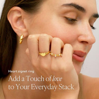 Gold Pinky Signet Rings for Women Men, Stackable Dainty Oval Heart Ring, Non-Tarnish Waterproof 18K Gold Plated Stainless Steel Size 3-11 - style: Slim Heart Signet Ring