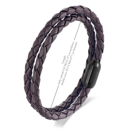 Braided Leather Bracelet，Double Wrap Bracelet with Black Stainless Steel Clasp, Two- way of Wearing as Mens Bracelet or Womens Choker Necklace, Urban and Minimalist Style - color: Brown