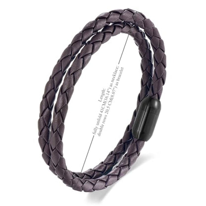 Braided Leather Bracelet，Double Wrap Bracelet with Black Stainless Steel Clasp, Two- way of Wearing as Mens Bracelet or Womens Choker Necklace, Urban and Minimalist Style - color: Brown