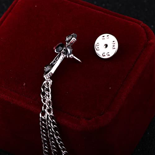 Collar Chain Pin for Men and Women - Hanging Tassel Brooch Lapel Pin for Business Suits - Bar Pin With Long Chain - Gifts - color: H: crown black