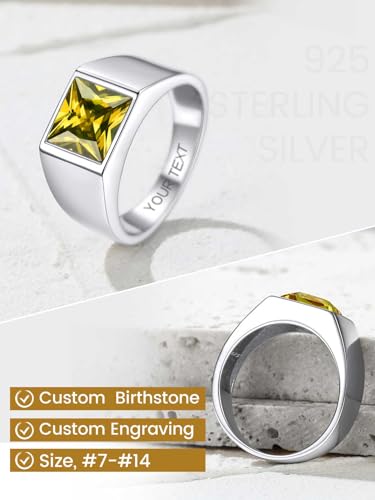 KeyStyle Square Gemstone Signet Rings for Men, Personalized Stainless Steel Pinky Ring with Black Onxy Blue Topaz Birthstone Statement Ring - color: 925 Sterling Silver - Custom Stone - 8mm