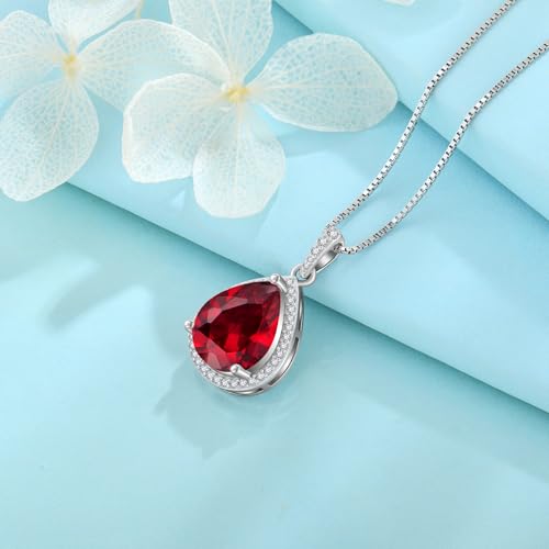 FJ Teardrop Pendant Necklace 925 Sterling Silver Birthstone Jewelry for Women - color: 07 July-Ruby