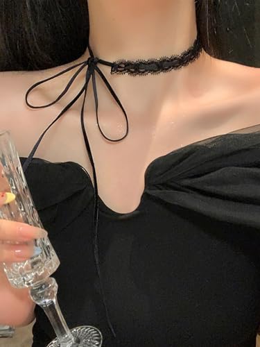 Bravace Lace Bow Choker Necklace for Women Adjustable Long Ribbon Tie Collar Elegant Black White Retro Lolita Gothic Party Neck Jewelry Romantic Lace Choker Daily Wear & Party Accessory Gift - color: Black
