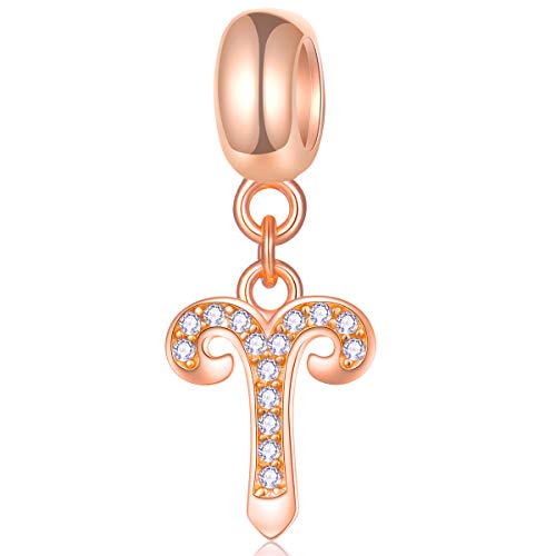 EMOSTAR Zodiac Sign Charms fits European Charm Bracelet – Rose Gold 925 Sterling Silver Necklace Pendant, 12 Horoscope Constellation Dangle CZ Birthstone Beads, Gifts for Women/Men/Birthday - color: Aries (3.21 – 4.19)
