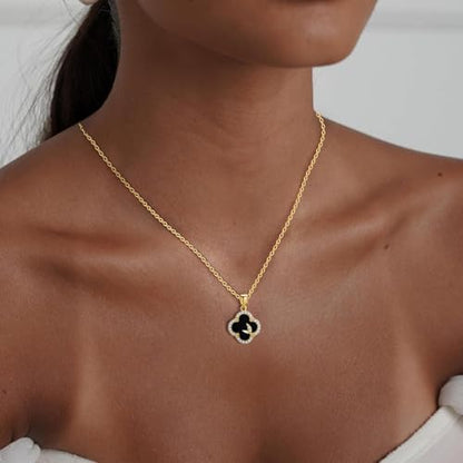 14K Gold Plated | 14K Platinum Plated Necklace for Women Necklace Earrings Set with Sparkling Zircon Inlay and Silver Post Earrings - color: clover suit gold