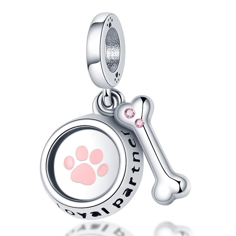 Flower Crab Orca Birthday Athlete Family Tree Safety Chain Cat Dog Bead Pendant 925 Sterling Silver Dangle Compatible With Pandora Moments Charm Bracelet - style: Loyal Partner Dog Puppy Paw Bowl Bone