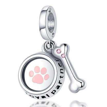 Flower Crab Orca Birthday Athlete Family Tree Safety Chain Cat Dog Bead Pendant 925 Sterling Silver Dangle Compatible With Pandora Moments Charm Bracelet - style: Loyal Partner Dog Puppy Paw Bowl Bone