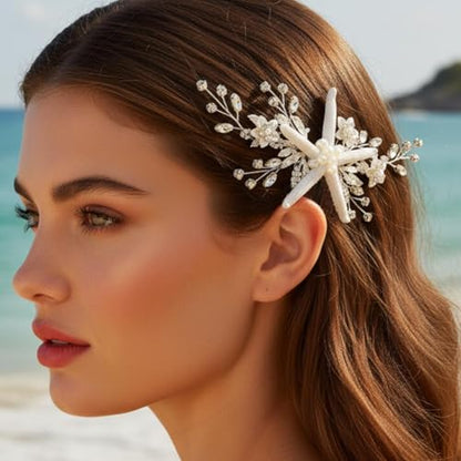 Casdre Starfish Bride Wedding Hair Comb Silver Crystal Bridal Hair Piece Pearl Beach Wedding Hair Accessories for Women and Girls