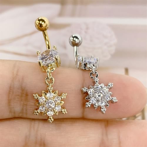 Crystal Snowflake Belly Button Rings for Women Stainless Steel Christmas Dangle Navel Ring Cubic Zirconia Floral Curved Barbell Body Piercing Jewelry - color: Gold