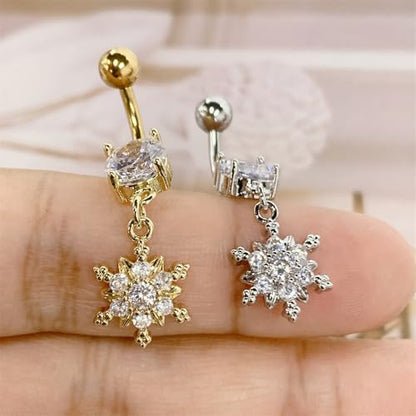 Crystal Snowflake Belly Button Rings for Women Stainless Steel Christmas Dangle Navel Ring Cubic Zirconia Floral Curved Barbell Body Piercing Jewelry - color: Gold