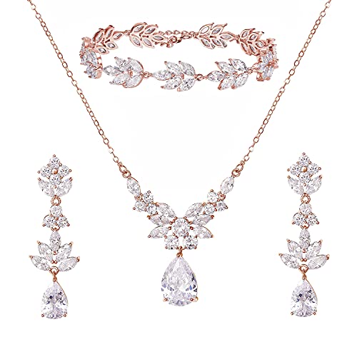 SWEETV Teardrop Wedding Bridal Jewelry Set for Brides Women Bridesmaid, Crystal Rhinestone Backdrop Necklace Earring Sets for Prom - color: 03.Rose Gold