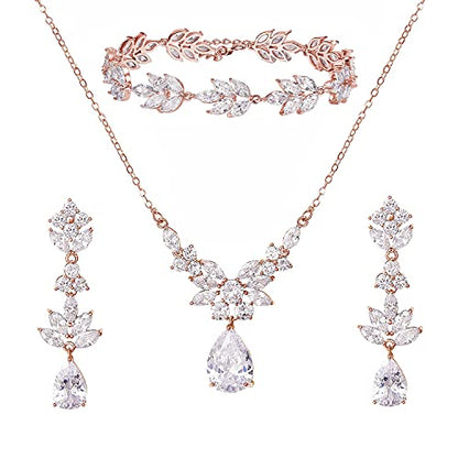 SWEETV Teardrop Wedding Bridal Jewelry Set for Brides Women Bridesmaid, Crystal Rhinestone Backdrop Necklace Earring Sets for Prom - color: 03.Rose Gold