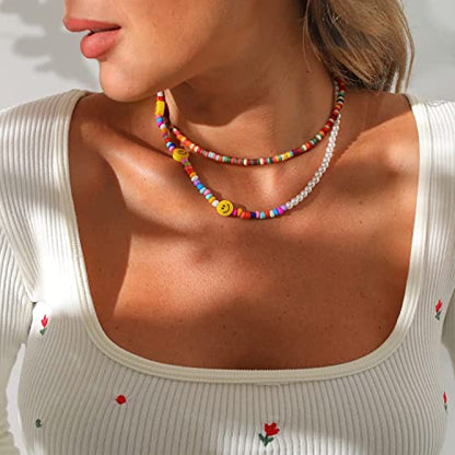 Aobei Pearl Gemstone Beaded Choker Necklace for Women Boho Turquoise/Cultured Freshwater Pearls/Garnet/Amazonite Jewelry - color: F Colorful Rainbow Clay Beads