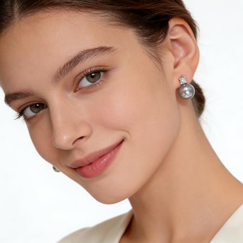 Faux Pearl Cubic Zirconia Stud Earrings, Hypoallergenic Lightweight Round Pearl Studs for Women - color: Blueish Silver, size: Pearl 10mm-CZ 6mm