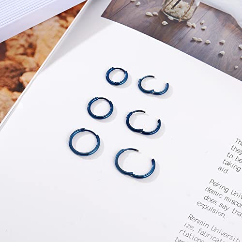 Osayia 316L Surgical Stainless Steel Small Hoop Earrings 8mm 10mm 12mm Hypoallergenic Huggie Thin Hoop Earrings Helix Lobes Hinged Sleeper Earrings Men Women for Cartilage Piercings - color: H: Blue (Diameter 8mm/10mm/12mm),3 Pairs