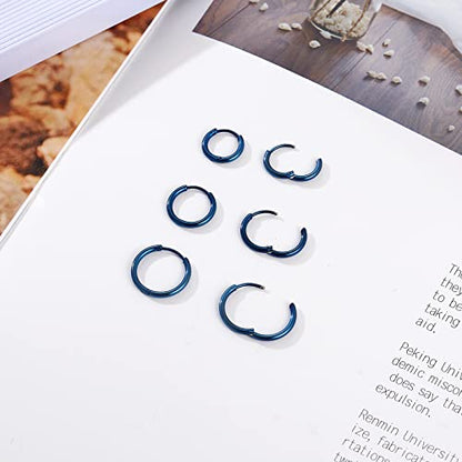 Osayia 316L Surgical Stainless Steel Small Hoop Earrings 8mm 10mm 12mm Hypoallergenic Huggie Thin Hoop Earrings Helix Lobes Hinged Sleeper Earrings Men Women for Cartilage Piercings - color: H: Blue (Diameter 8mm/10mm/12mm),3 Pairs