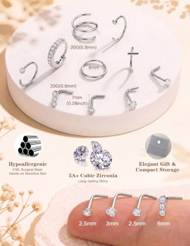 Besteel Nose Rings for Women 14K Gold Filled Hypoallergenic Nose Stud Hoops | 20G 316L Surgical Stainless Steel Double Nose Ring Cute Round CZ Heart L Shaped Nose Stud Dainty Nostril Piercing Jewelry - color: steel color