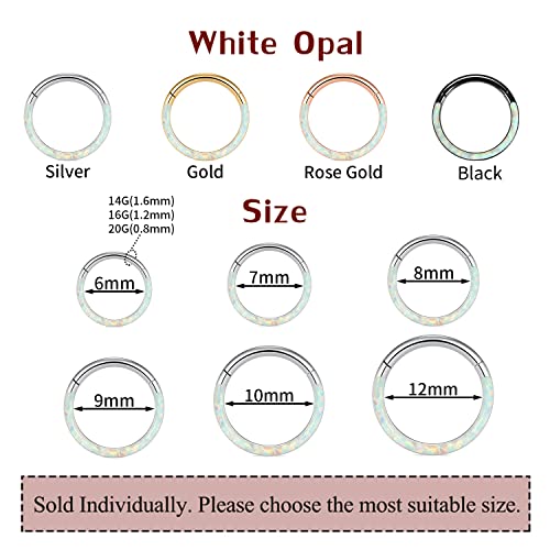 GAGABODY Septum Ring 16 Gauge Earrings Daith Jewelry Surgical Steel Hinged Nose Rings Nose Hoop Cartlidge Earring Hoop Helix Rook Piercing Jewelry - color: Style2:1pc Silver+White Opal Single Hoop