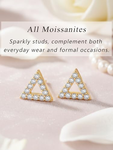 All Moissanites Sparkly Geometric Stud Earrings for Women, Solid 925 Sterling Silver with Rhodium/Gold Plated Hypoallergenic, Lightweight Comfy Earrings - color: Triangle - Yellow Gold