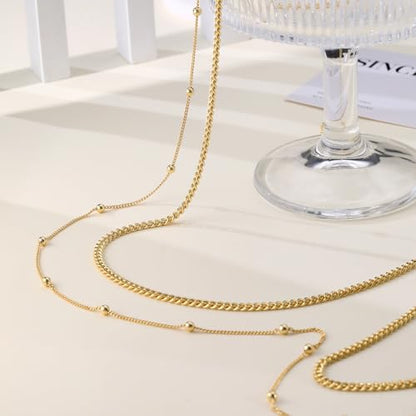 CAROVO Belly Waist Chain for Women 14K Gold Silver Plated Layered Body Chains Boho Cuban Figaro Pearl Heart Coin Satellite Bead Belly Chain Sexy Bikini Body Jewelry for Women Adjustable - style: A:Cuban Bead GD