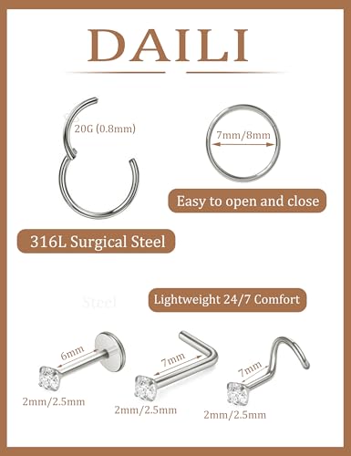 8PCS Titanium Nose Rings Stud, Gold Nose Ring for Women Men Hypoallergenic Nostril Hoops L Shape Nose Studs Corkscrew CZ Nose Piercing Jewelry Silver 18G & 20G Nose Ring Studs 2/2.5/3mm - style: Silver-8pcs nose stud