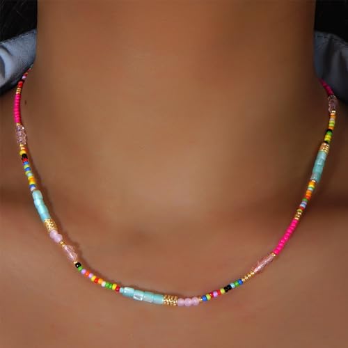 Gold Seed Beaded Necklaces for Women, Boho Handmade Adjustable Colorful Beads Choker Summer Beach Jewelry Gift. - color: Jade Bead