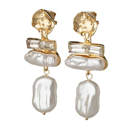 Non Pierced Gold Tone Clip On Gold Textured Baroque Simulated Pearl and Crystal Drop Dangling Earrings