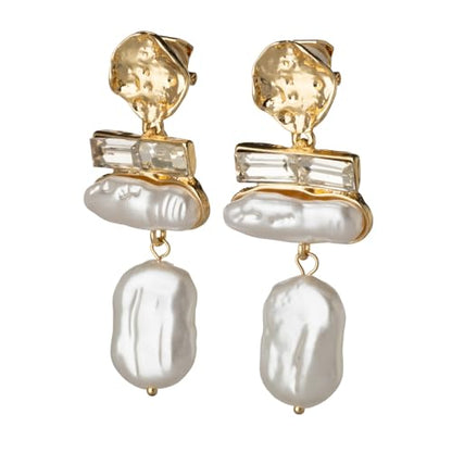 Non Pierced Gold Tone Clip On Gold Textured Baroque Simulated Pearl and Crystal Drop Dangling Earrings