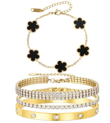 18 K Gold Plated Love Bangle Bracelet Stack for Women,Set of 4 Floral Clover Chain, Tennis Crystal &Gold Stackable Bangle Bracelet -Adjustable Layered Jewelry Gift for Wife Valentines Mother's Day-MVCOLEDY - color: Black and White CZ