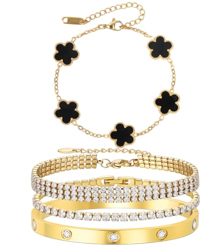 18 K Gold Plated Love Bangle Bracelet Stack for Women,Set of 4 Floral Clover Chain, Tennis Crystal &Gold Stackable Bangle Bracelet -Adjustable Layered Jewelry Gift for Wife Valentines Mother's Day-MVCOLEDY - color: Black and White CZ