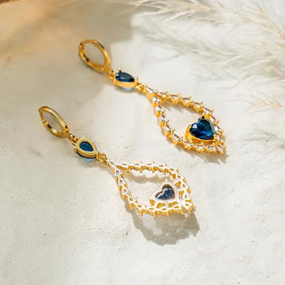18K Gold Plated Flower Dangle Earrings for Women, Hypoallergenic Cubic Zirconia Earrings, Elegant CZ Drop Earrings, Statement Jewelry Gifts Party Fashion - style: OBS7508-Navy