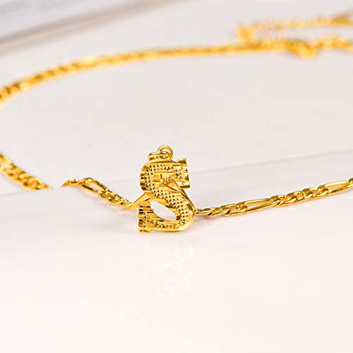 14K Gold Plated Initial Necklaces for Women Men A-Z Letter Necklaces | Figaro Chain, 16"+2" Adjustable Length, with Gift Box - style: E