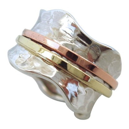 ENERGY STONE 925 Sterling Silver Fidget Ring | Women Spinner Ring | Breeze | Clean Simple Silver Ring | Fidget Anxiety Comfort Meditation Ring | Brass & Copper Spinners on Hammered Base | Size 5-12
