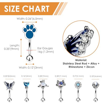 OIDEA 7PCS Eyebrow Piercing Jewelry: 16G Stainless Curved Barbell Eyebrow Ring Vertical Labret Lip Ring Piercing Jewelry - color: silver-2