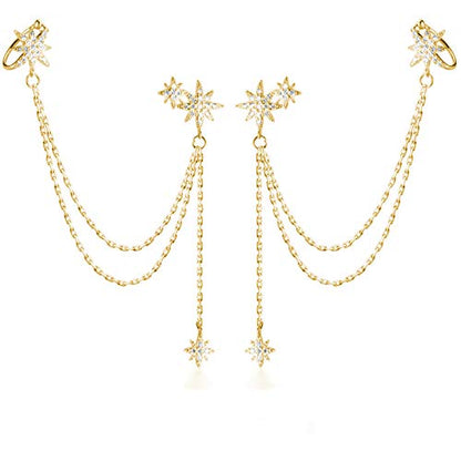 SLUYNZ 925 Sterling Silver Fashion Star Cuff Earring Chain for Women Star Crawler Earring Wrap Earrings - color: Pair-D-Yellow